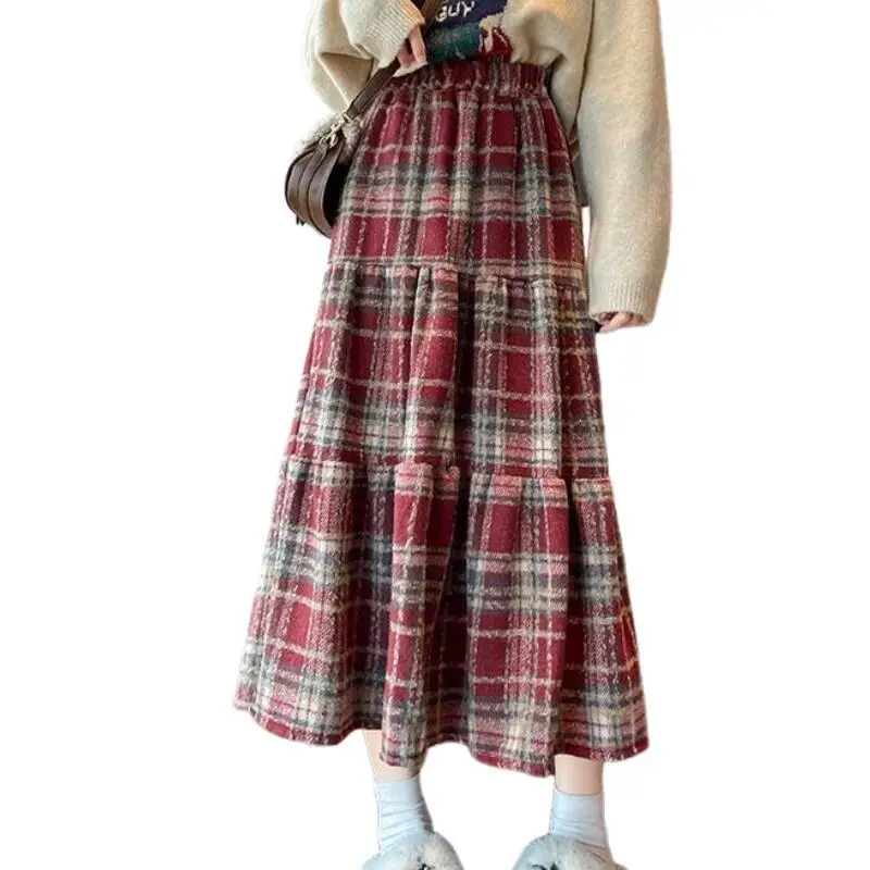 Damska spódnica w kratę, plisowana, księżniczka, codzienna, modna, rozkloszowana, długa spódnica, słodka, uniwersalna, gruba, wiosenno-jesienna odzież, prezent dla dziewczyny, nowa.