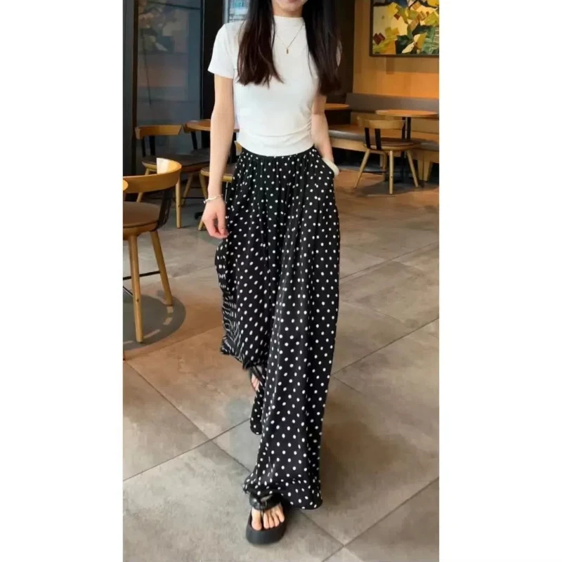 Celana rok Wanita Mode Vintage musim panas baru celana panjang kaki lebar longgar Korea Polka Dot cetak bergaris pinggang tinggi elastis