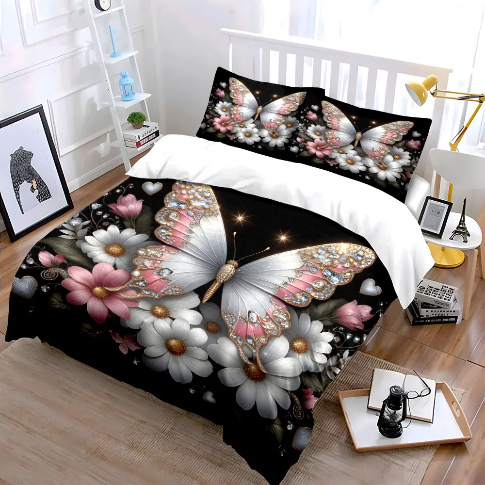 Glittering crystal butterfly with flowers Print Soft Comfortable Duvet Cover Bedding Set Included 1*Duvet Cover 2*Pillowcases