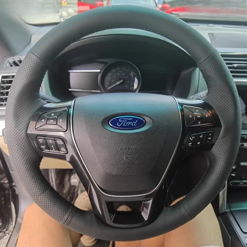 

Для Ford Explorer 2016 2017 2018, сшитый вручную нескользящий черный чехол на руль автомобиля из натуральной кожи