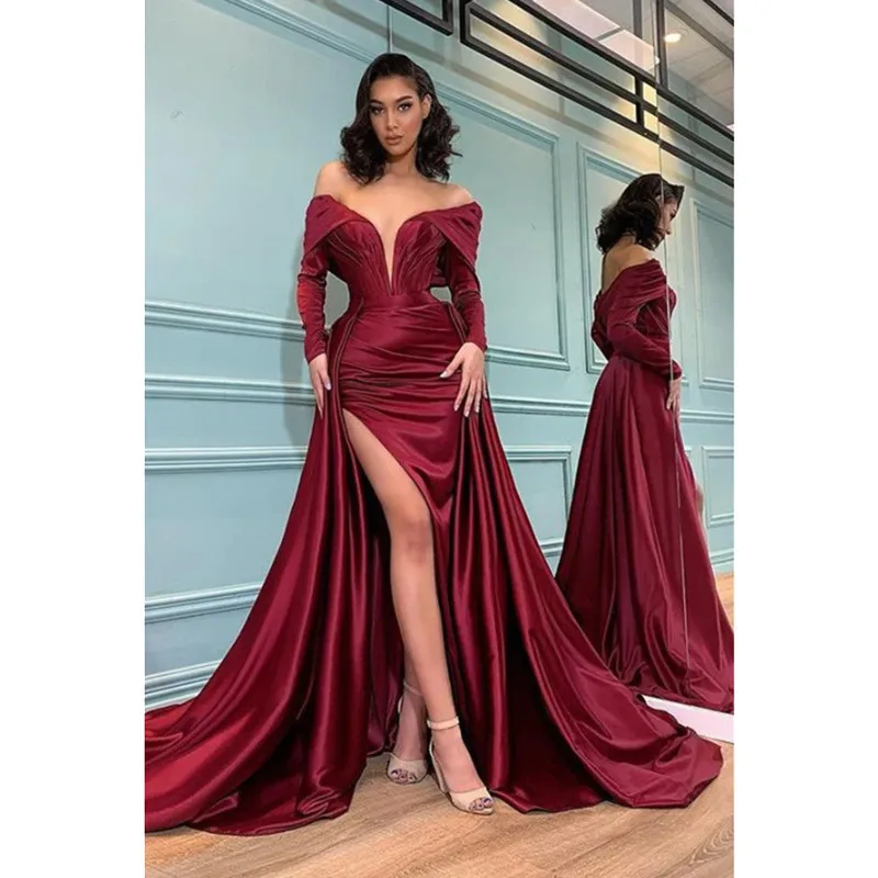 Aleeshuo Junoesque V-neck Prom Dresses Satin Side Slit Party Long Sleeve Formal Prom Party Gowns Off The Shoulder Evening Gown