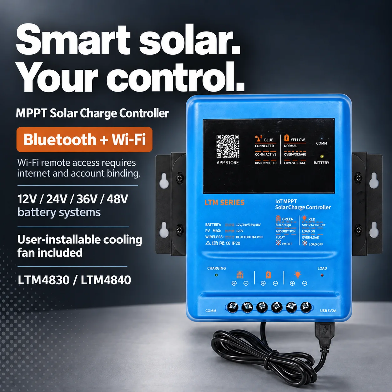 Powlsojx 30A/40A MPPT Charge Controller 12V 24V 36V 48V Battery Support 120V Max PV 5V/2A USB Bluetooth WiFi LiFePO4 AGM GEL