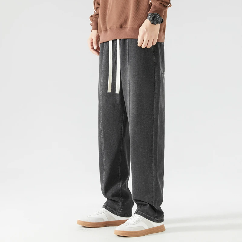 Spring Summer New Fashion Men/Women's Trousers Hong Kong Style All-match Drawstring Pockets Loose Straight Wide Leg Jeans