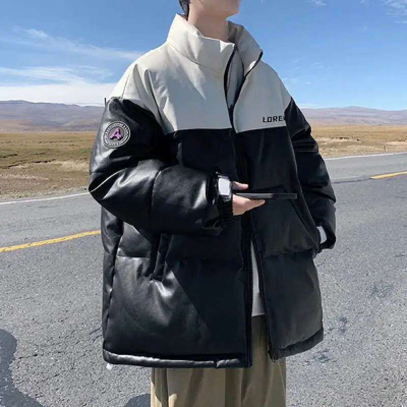 

Pop Leisure Down Jacket Pu Patch Work Sports Coat Men's Fashion Brand Winter Down Parkas Couple Clothes Men and Women Outdoor