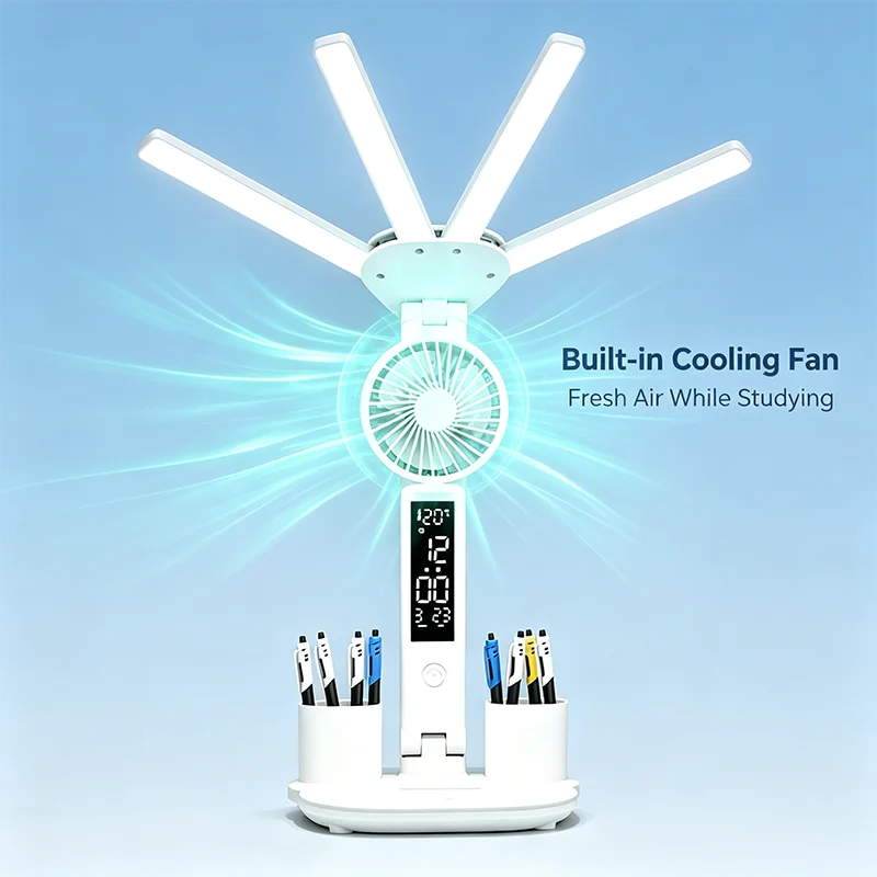 Multifunktionale LED-Schreibtischlampe, wiederaufladbar, Leselampe mit integriertem Lüfter und digitaler Zeitanzeige.