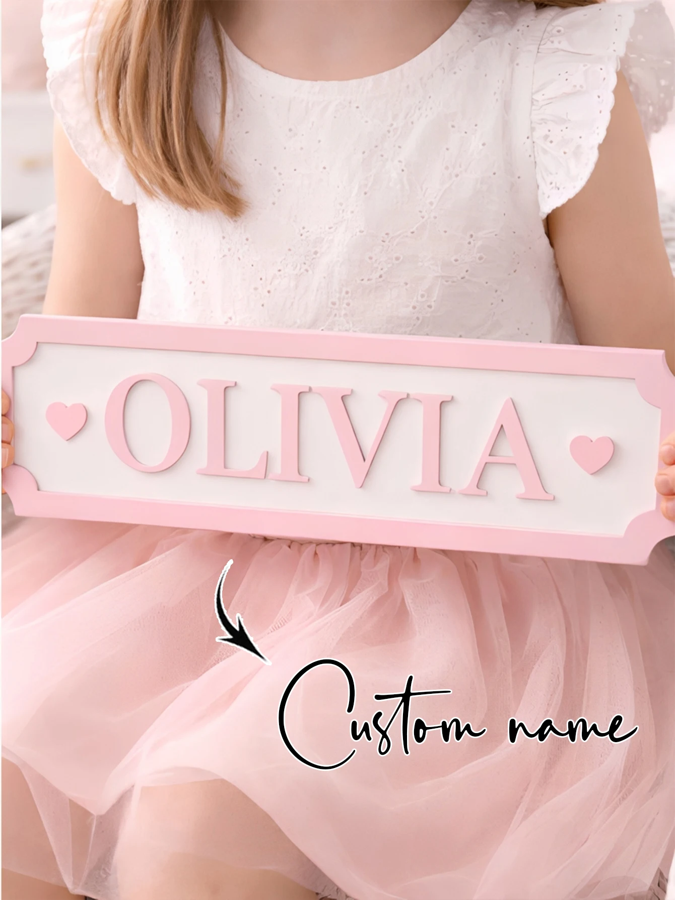 Custom Pink Border Wooden Name Sign Personalized 3D Letter Plaque Baby Girl Pastel Nursery Wall Decor Newborn Shower Bedroom