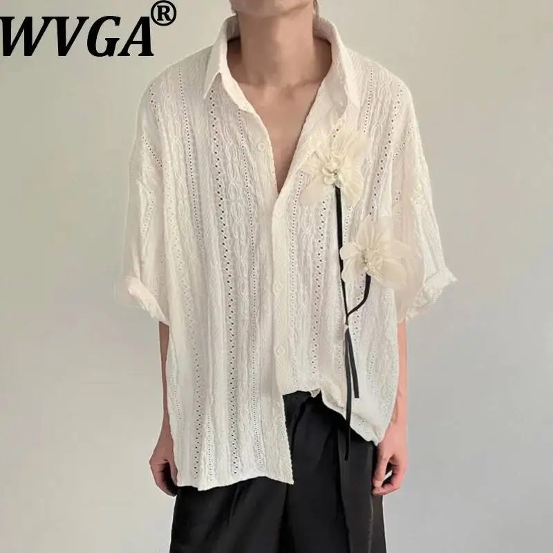 

WVGA Summer New Men French-style Floral Ribbon Short Sleeve Shirt Hollow-out Design Unique Breathable Ncihe Chic Tops Ins W24629
