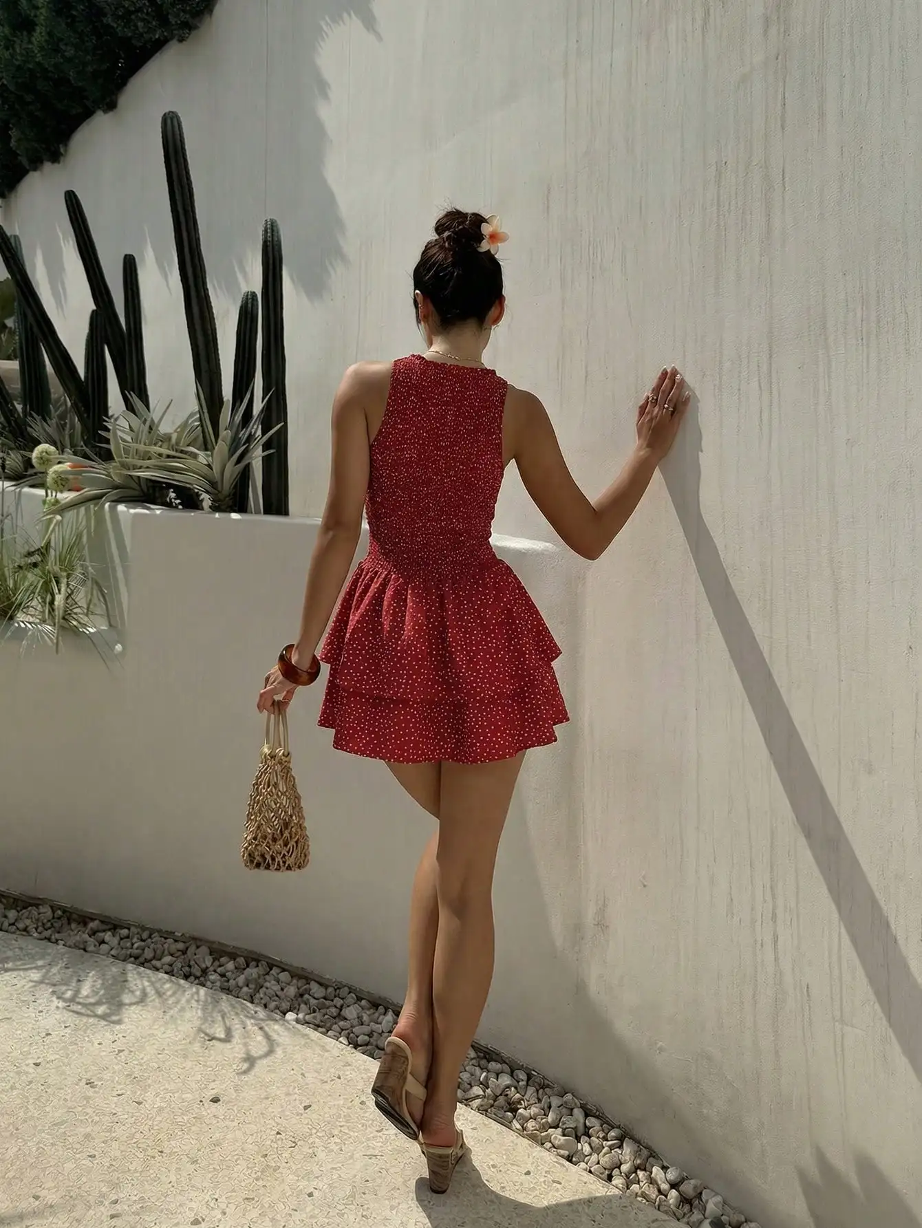 Red Polka Dot Sleeveless Smocked A-Line Tiered Mini Dress For Women