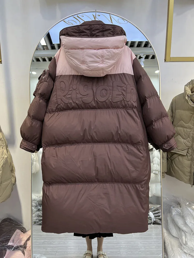 Winter new down jacket women's long hooded over the knee fashion multi pocket contrasting splicing white duck down jacket