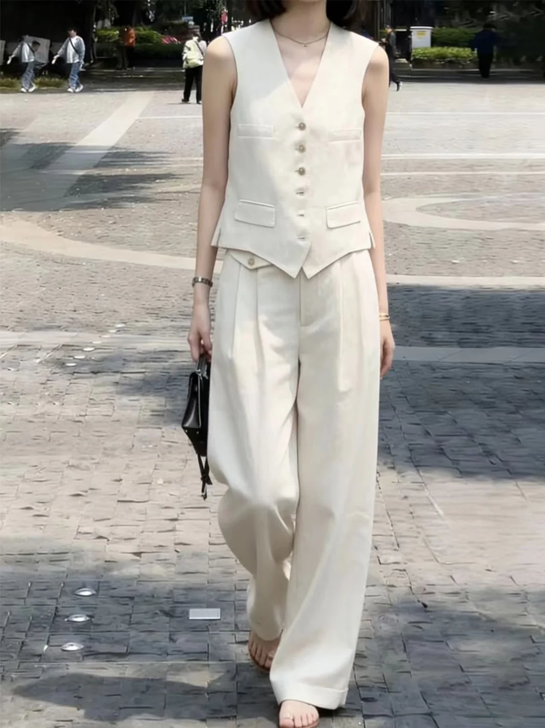 

Korean Fashion Design Slimming Wide Leg Pants Set Women's Summer New Style High Waist V-Neck Two-Piece Suit Casual Commute