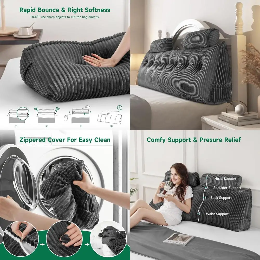 

Серая подушка изголовья клина King Size с двумя рулонными подушками для чтения и поддержки спины кровати