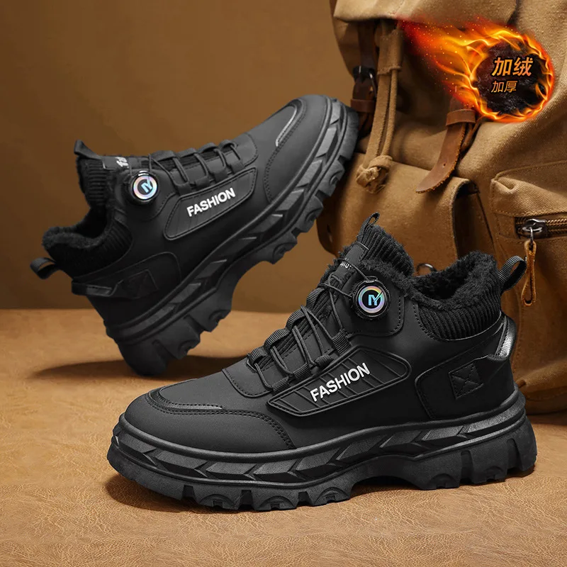 

Fashion Mens Rotating Buckle High-Top Boots Thick-soled Wear-resistant Work Shoes Warm Comfortable in Winter Casual Cotton Shoes