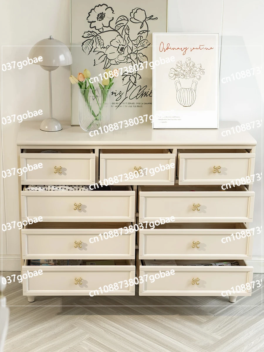 ZF French cream wind nine chest cabinet bedroom bedside storage minimalist living room solid wood drawer cabinet