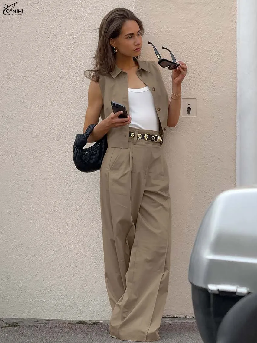 Oymimi أزياء المرأة القطن البني 2 قطعة مجموعة الزي الأنيق التلبيب أكمام واحدة الصدر القمصان ومجموعات السراويل المستقيمة #5