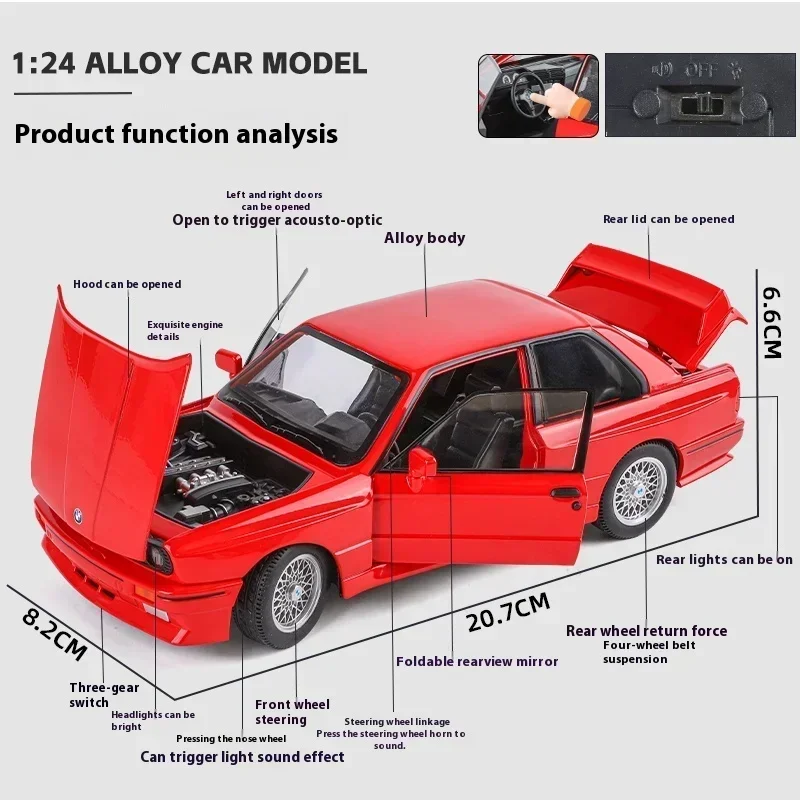 1:24 1988 M3 E30 Alloy Sports Car Model Diecasts Metal Classic Car Model High Simulation Sound and Light Childrens Toys Gift