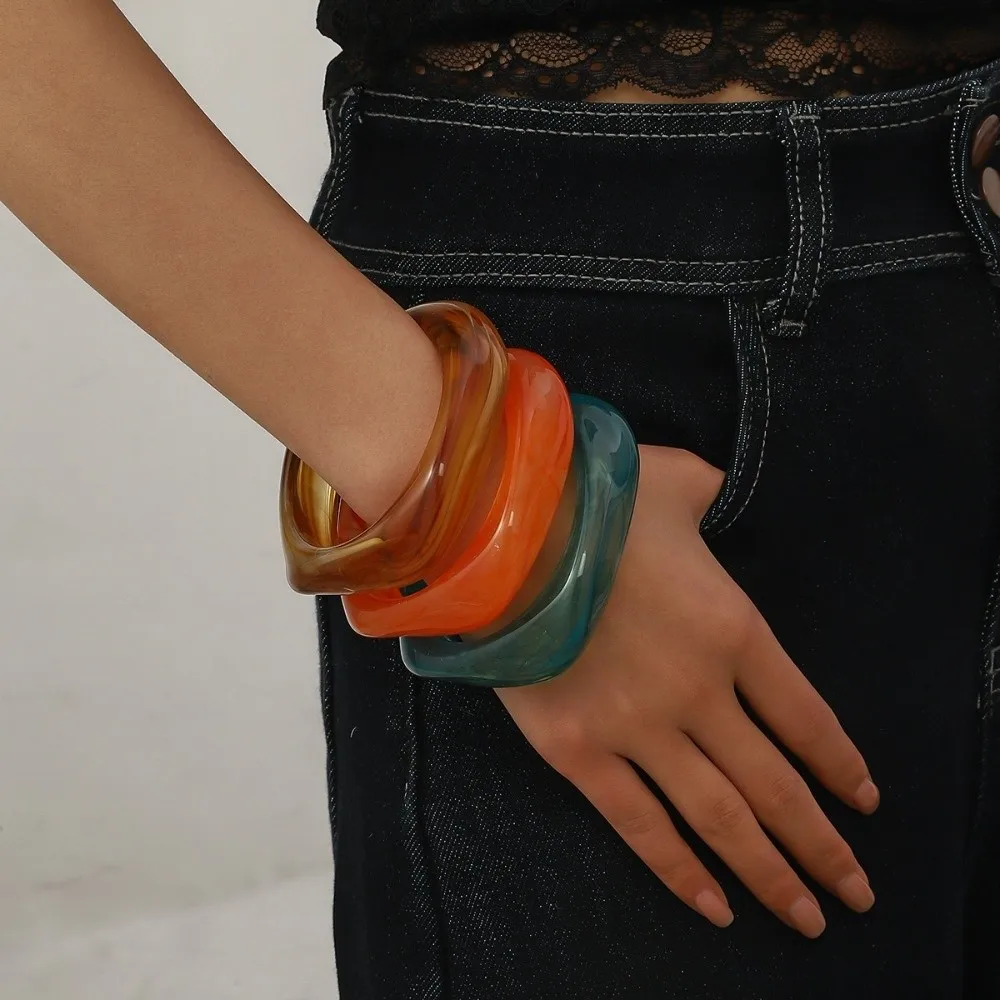 Wrist Jewelry Translucent Resin Bangles Gradient Marbled Acrylic Bracelets Lightweight Irregular Chunky Cuffs Daily Outfit