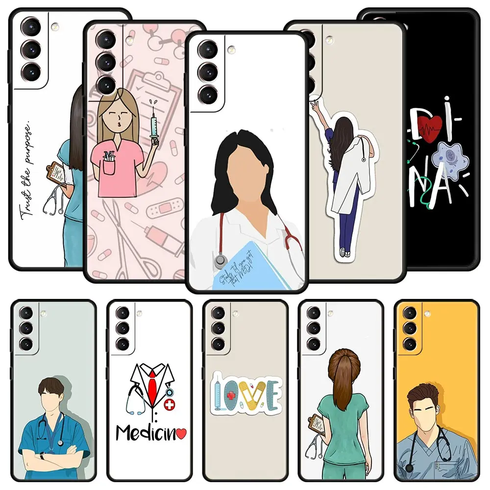 حافظة لهاتف سامسونج جالاكسي S24 S23 Ultra S22 S21 S20 FE 5G S10 S10E S9 Plus S8 غطاء أسود ناعم للأطباء والممرضات الطب الطبي