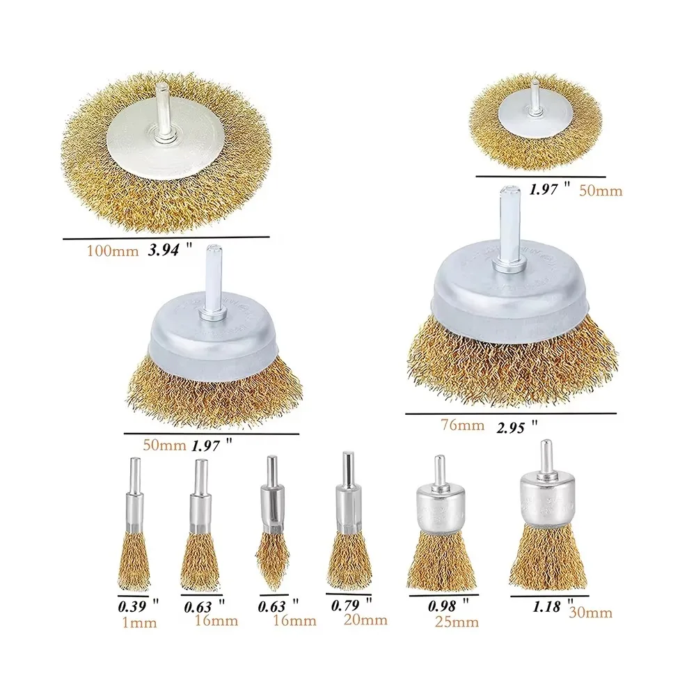 Stahldrahtbürsten-Set, 10-teilig, Grobe Wellenbürsten mit 1/4 Zoll Schaft für Bohrmaschinen – Detail 6