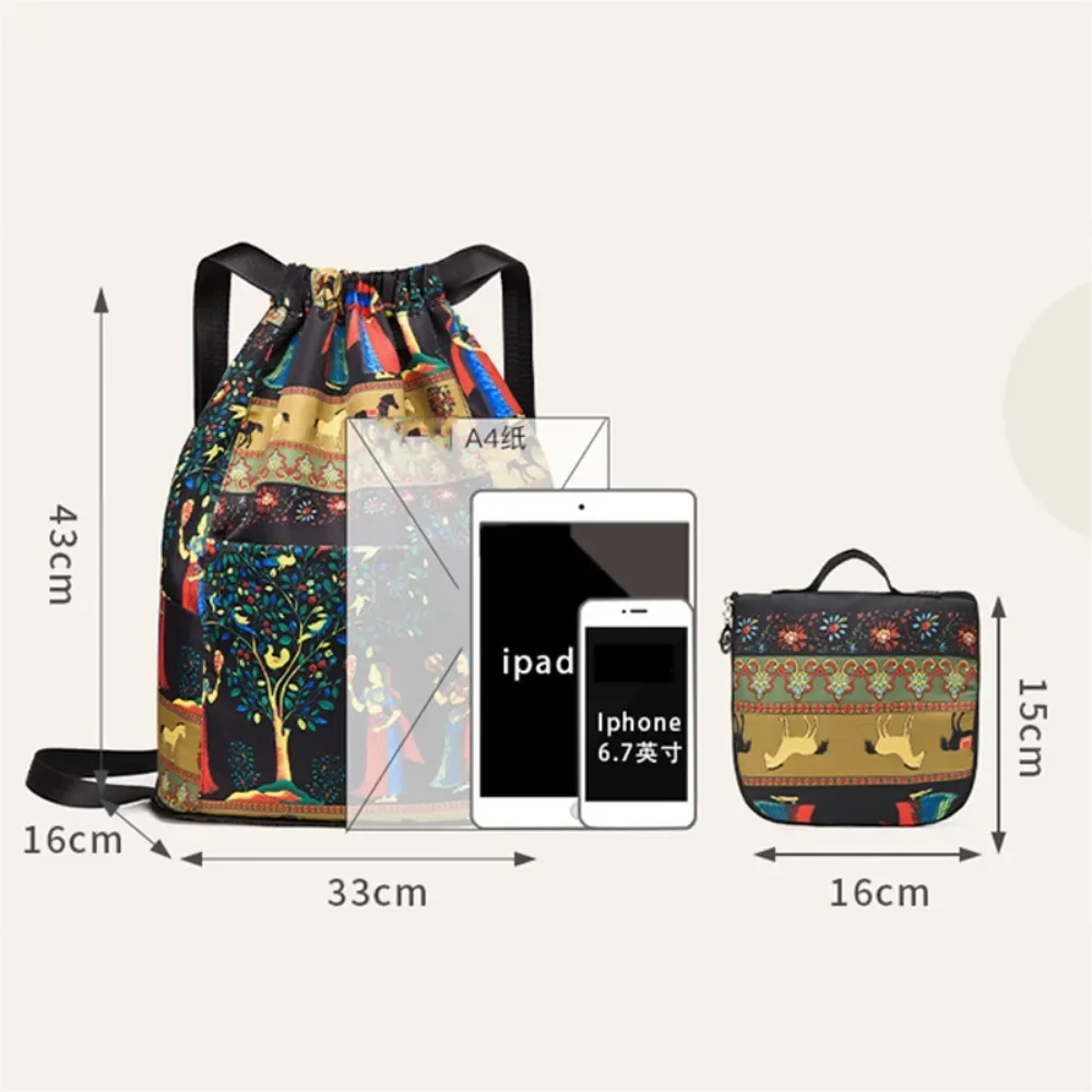 Ladies Backpack Foldable Large Capacity Lightweight Outdoor Hiking Sports Bag Multifunctional Drawstring Retro Shoulder Bag