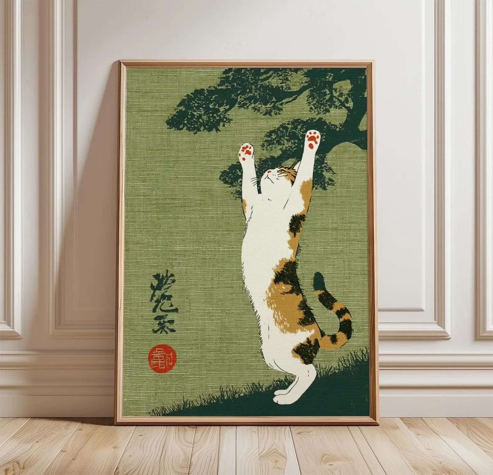 Multiple sizes 1pc frameless Canvas Painting Japanese Ukiyo-e Calico Cat Wall Art, Cute Stretching Cat Print, Green Aesthetic Ho