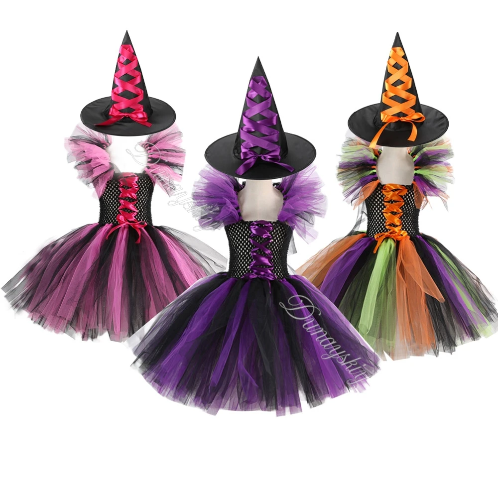 

Children 3Pcs Witch Halloween Dress Outfit Cosplay Witch Costume With Witch Hat & Broom Prop Carnival Stage Dance Costume