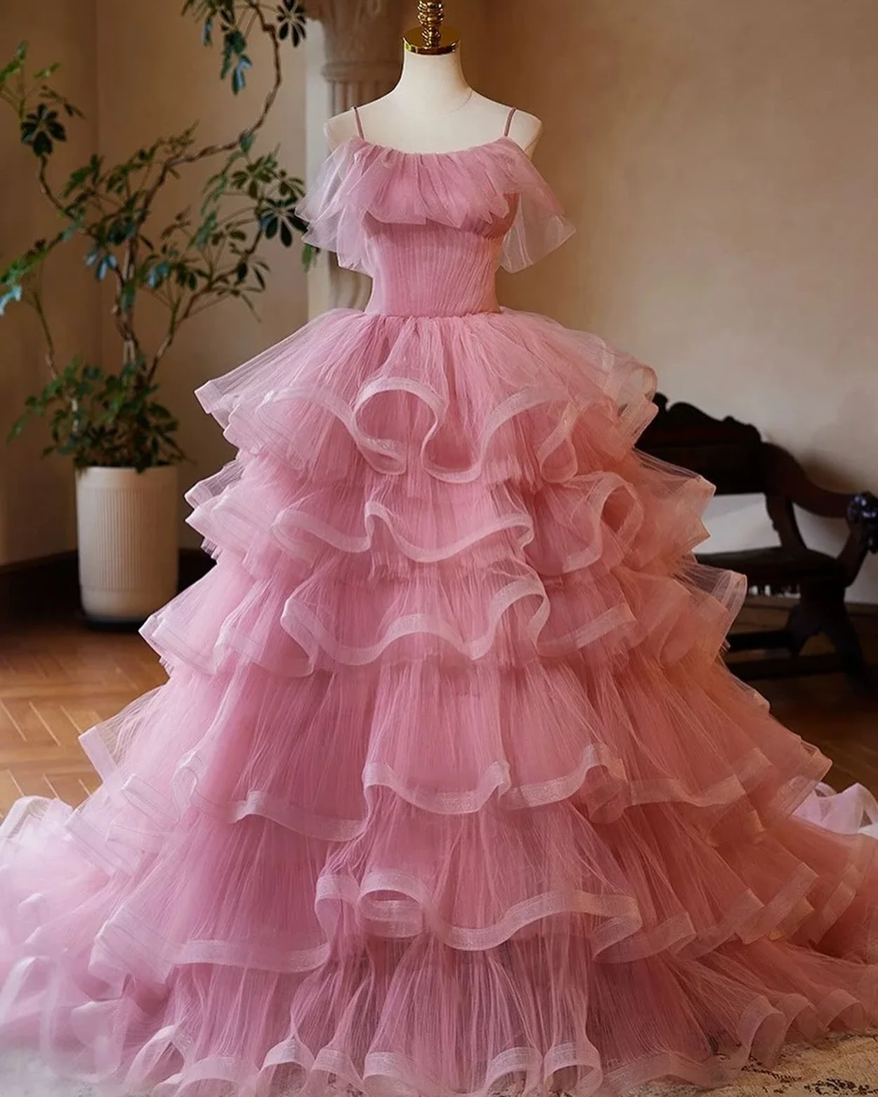 Elegante blush rosa uma linha babados tule vestidos de baile novos vestidos sweettier sobre camada vestido fofo em camadas babados robe