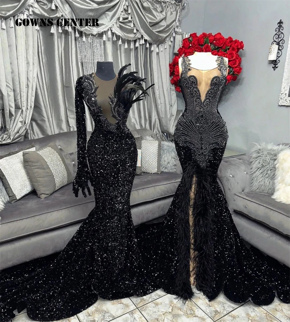 

Black Sequin Long Sleeve Feather Prom Dresses 2024 Luxury With Gloves Black Girls Mermaid New In Dress Party Cocktail Customized