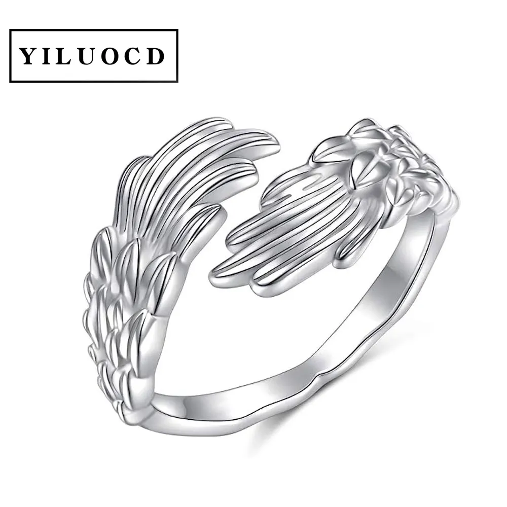 YILUOCD Feather Angel Wings Adjustable Ring 925 Silver Plated Guardian Wings for Women Sympathy Memory Fashion Statement Jewelry