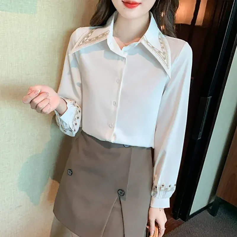 

Elegant White Profession Embroidered Collar Blouse for Women 2026 New Fashion Loose Spring Long Sleeve Office Shirts