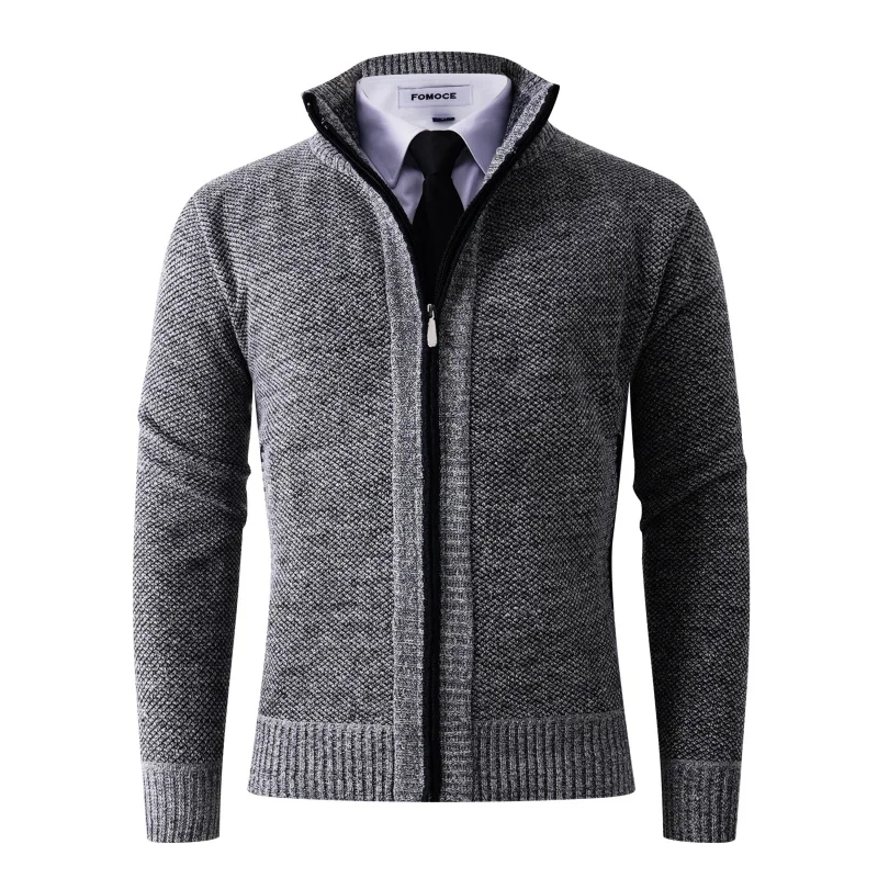 Men's Fall Winter Cardigan Fleece Lined Stand-Up Collar Thick Knit Solid-Color Sweater