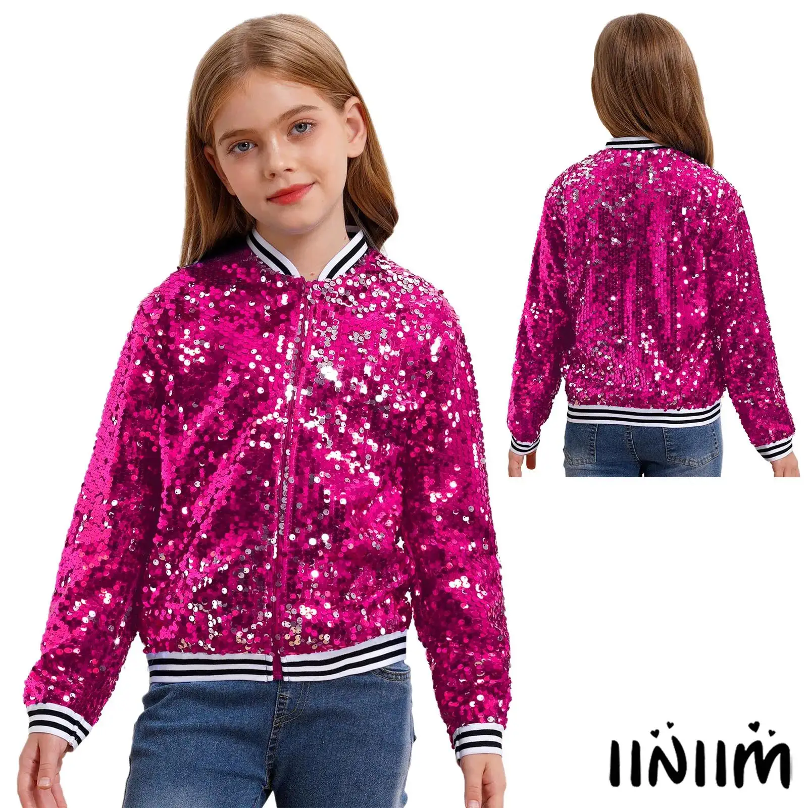 

Girls Cheerleading Jazz Street Dance Party Show Performance Costume Bomber Jackets Outerwear Sparkly Sequin Baseball Jackets