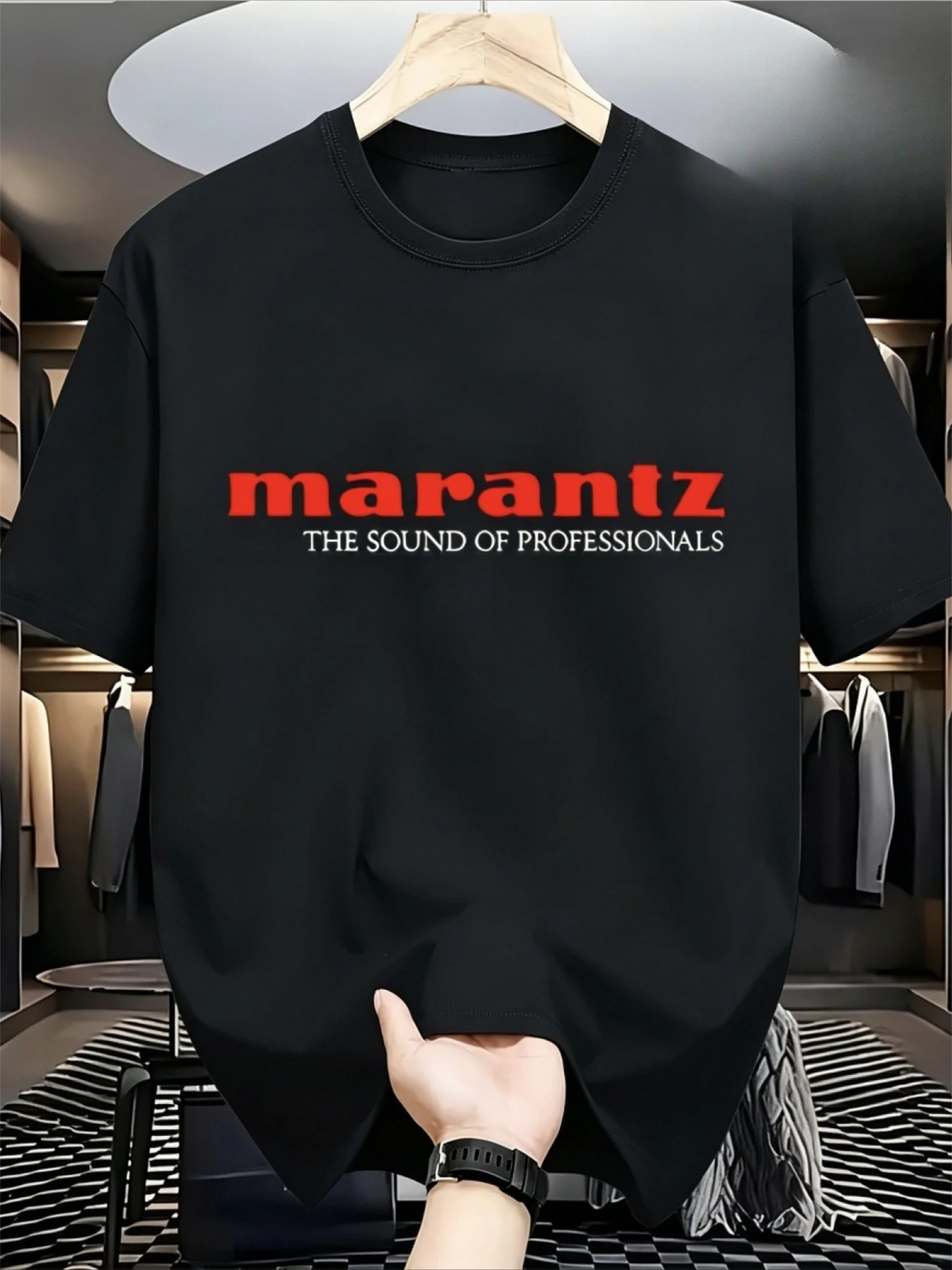 Marantz power amplifier logo T-shirt short sleeved round neck casual design black with red print eye-catching pattern T-shirt