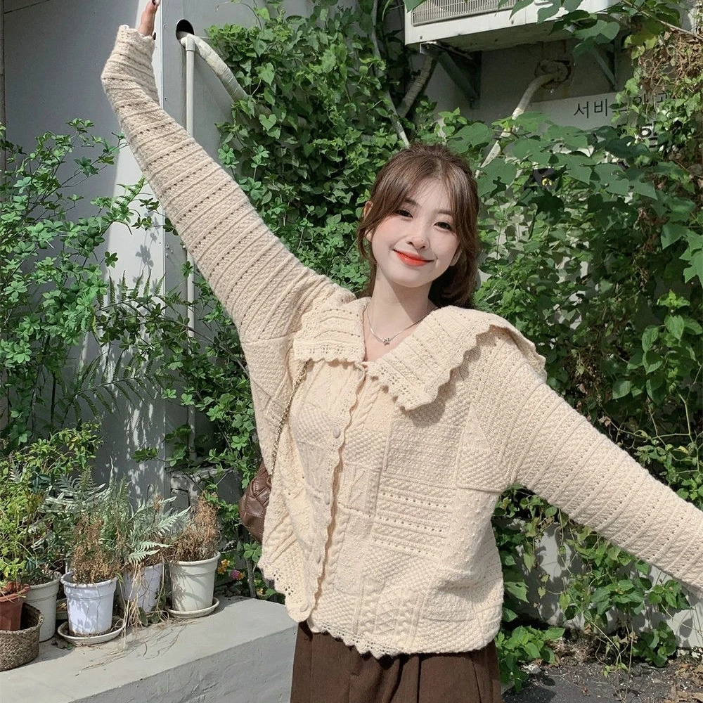 

Sweet Sweater Loose Fashionable Coat Korean Doll Neck Versatile Tops 2024 Spring New Large Size Casual Knitted Cardigan Women's