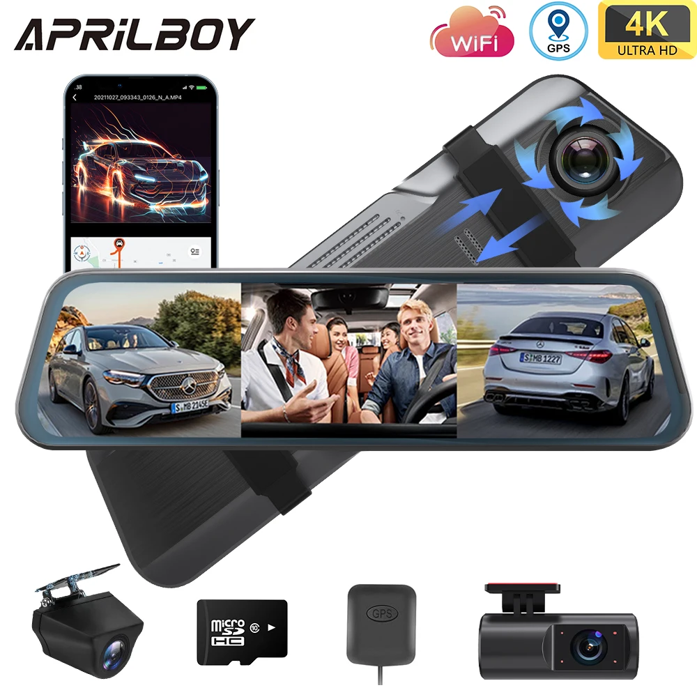 Aprilboy-Espelho Car Dash Cam, Espelho Retrovisor, Infravermelho, Visão Nocturna, Gravação Loop, Streaming Media, WiFi DVR, 10 