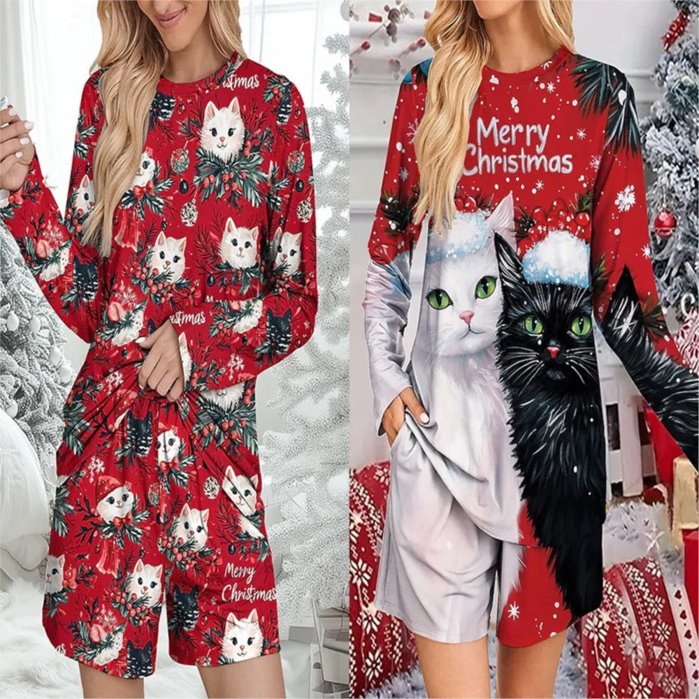 New Christmas 2 Piece Set Women Autumn Winter Long Sleeve Loose Top Shorts Cat Print Women's Suit Casual Comfort Homewear Sets