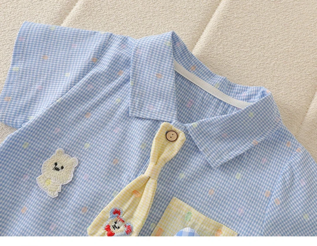 Sommerlicher Baby-Overall im koreanischen Stil mit Teddybär-Kragen, kariert, kurz, für Jungen und Mädchen – Detail 5