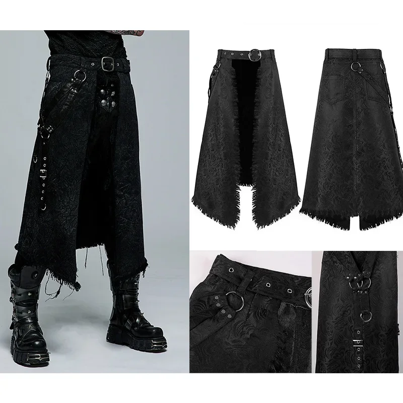 

Punk Pleated Skirt Cosplay Gothic Leather Belt Medieval Roman Warrior Kilt Metal Chian Asymmetry Halloween Costume For Men's