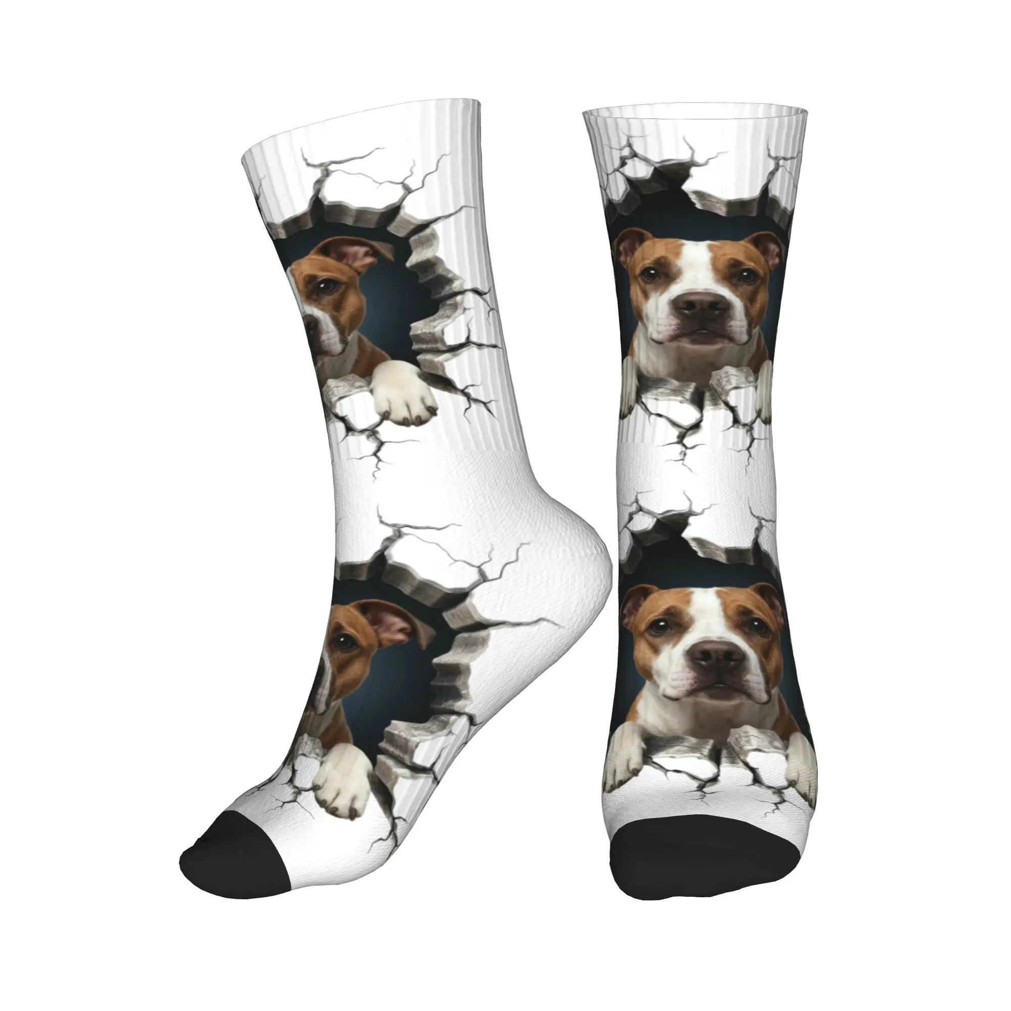 

Funny Print Breaking Through Staffordshire Bull Terrier Socks for Men Women Stretch Summer Autumn Winter Dog Lover Crew Socks