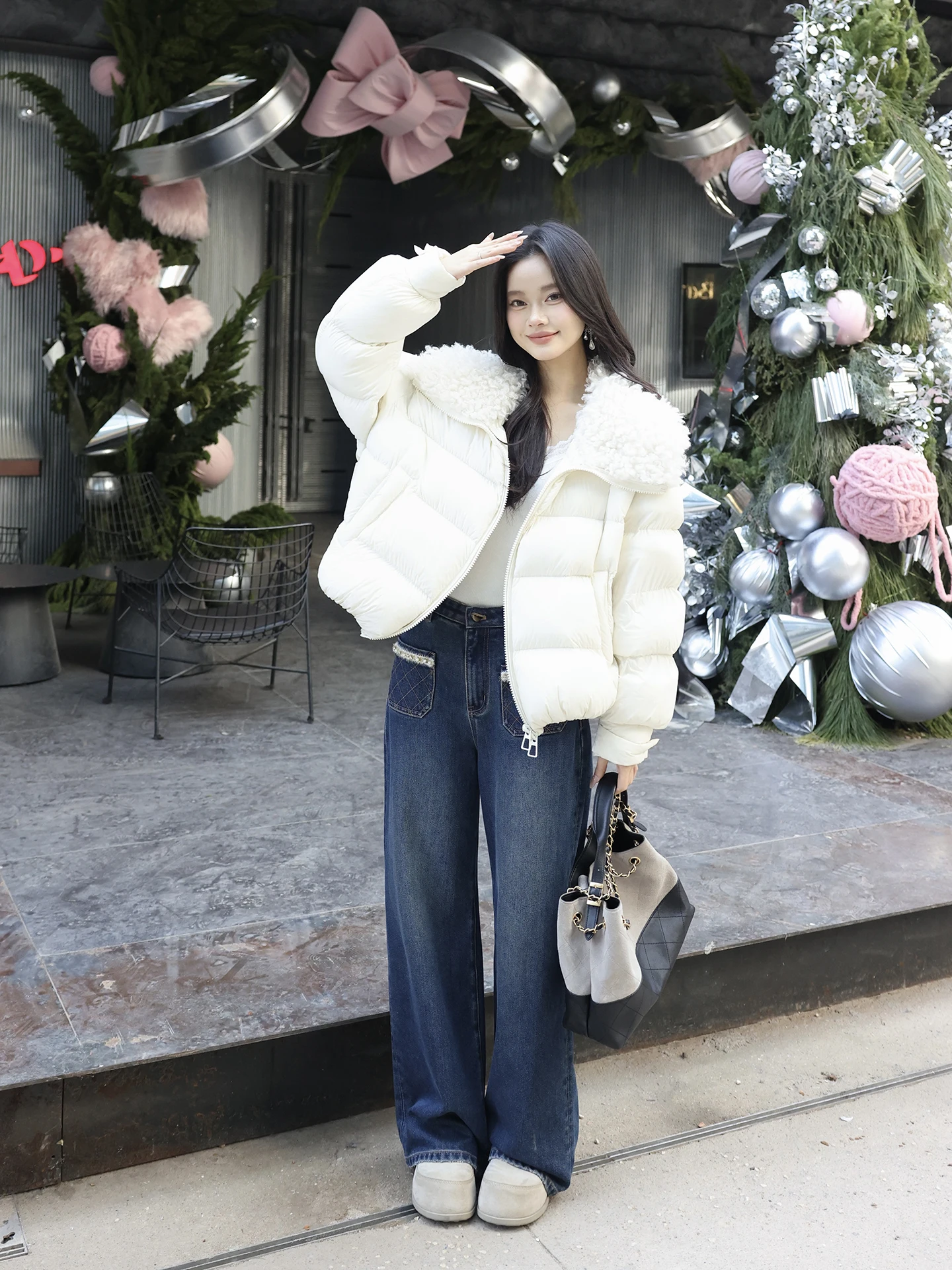 

MeHomeYang Teddy Bear Sugar Cube down Jaet 95 White Goose down Thiened Casual Sle Women's Coat High Waist Long Sve