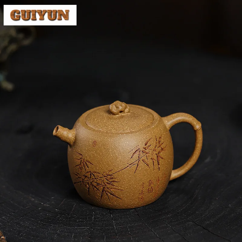 

180ml Authentic Yixing Purple Clay Pot Hand Carved Bamboo Teapot Golden Raw Ore Old Section Mud Tea Maker Chinese Zisha Tea Set