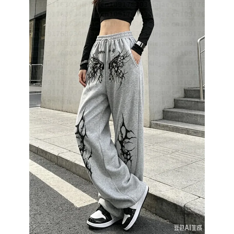 Gothic-style Wide-leg Sweatpants White Abstract Devil Wing Print, Elastic Waist with Drawstring, Oversized Women's Kid Pants