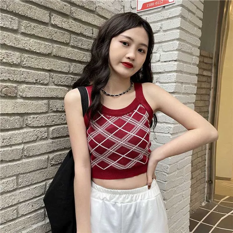 Boring Honey Summer Clothes For Women Base Shirt Retro Sling Vest Knitted Shirt Crop Top Women Contrast Color All-Match Tops