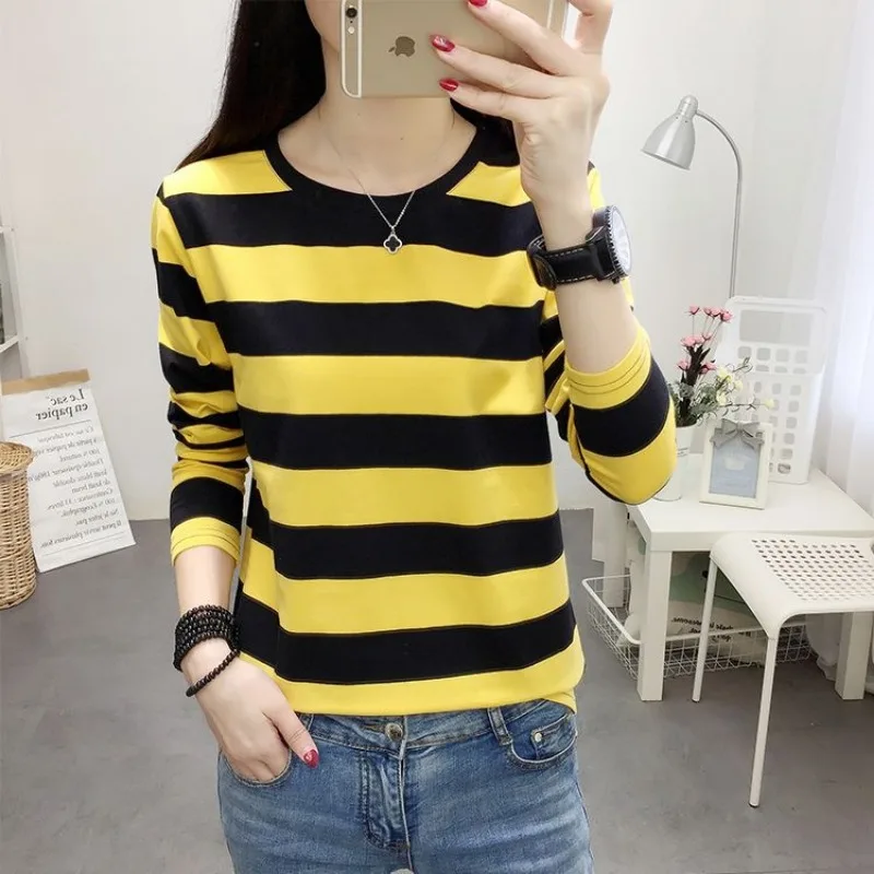 2023 Spring New 95 Cotton Plus Size Women Striped Long Sleeve T-shirt Round Neck Undershirt Loose Autumn Base Shirt