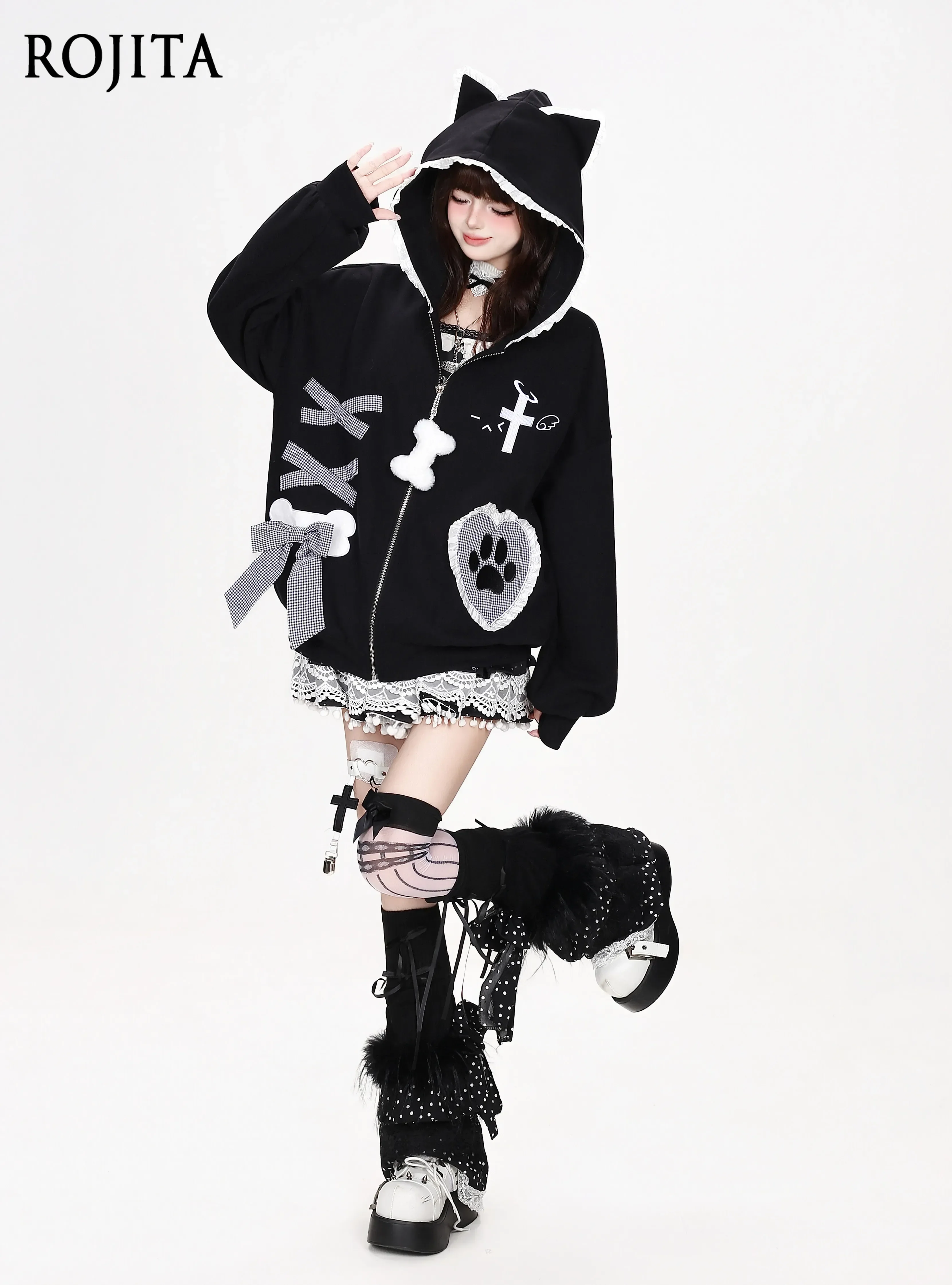 Y2K Sweet Goth Cat Ear Hooded Zip‑Up Jacket Cross Paw Print Patchwork Bone Zipper Pull Harajuku Oversized Coat