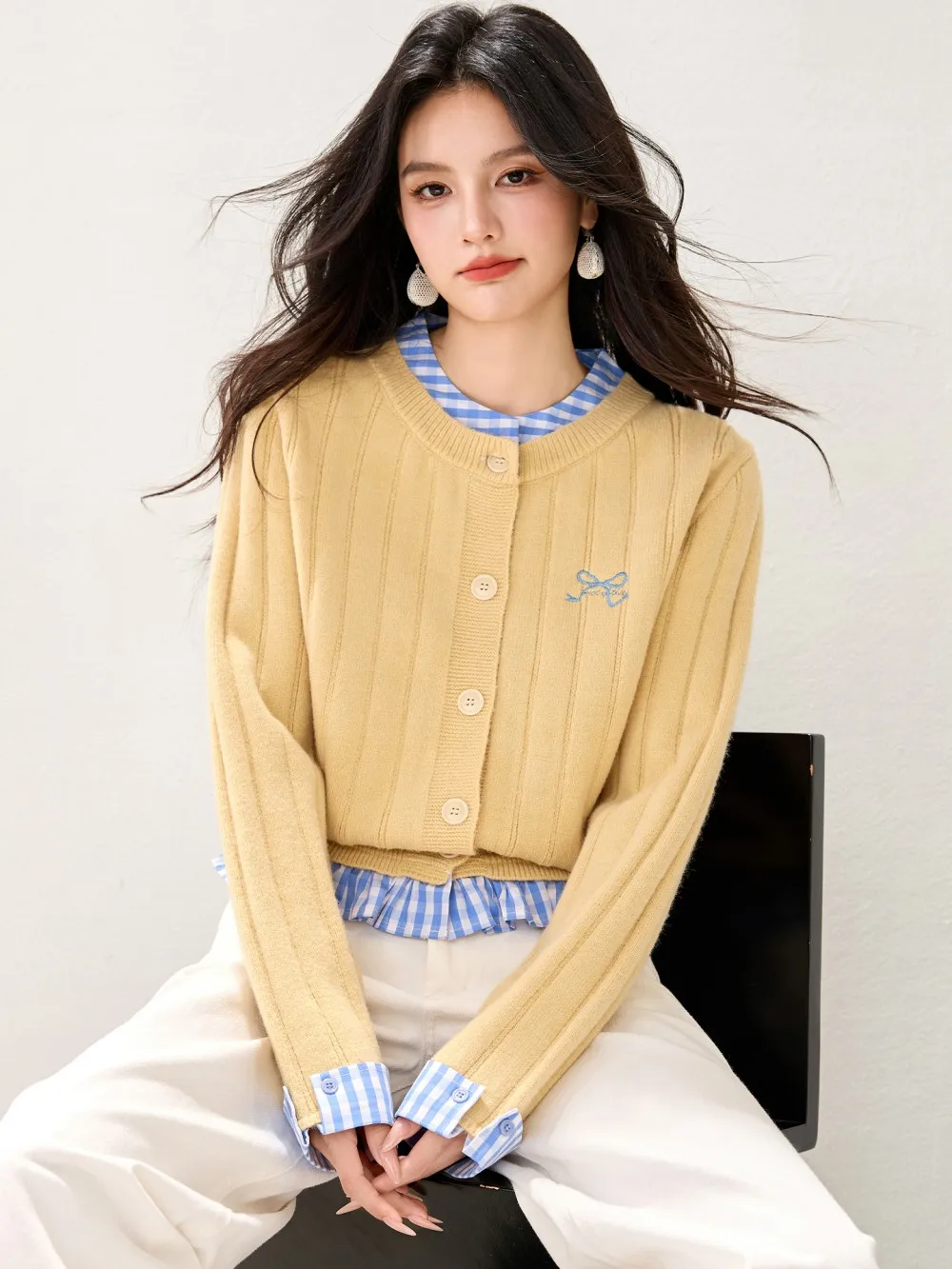 2025 Korean Fashion Fake Two Piece Cardigan Women Sweet Coquette Aesthetic Bow Crop Twisted Sweater Long Sleeve Knitted Tops New