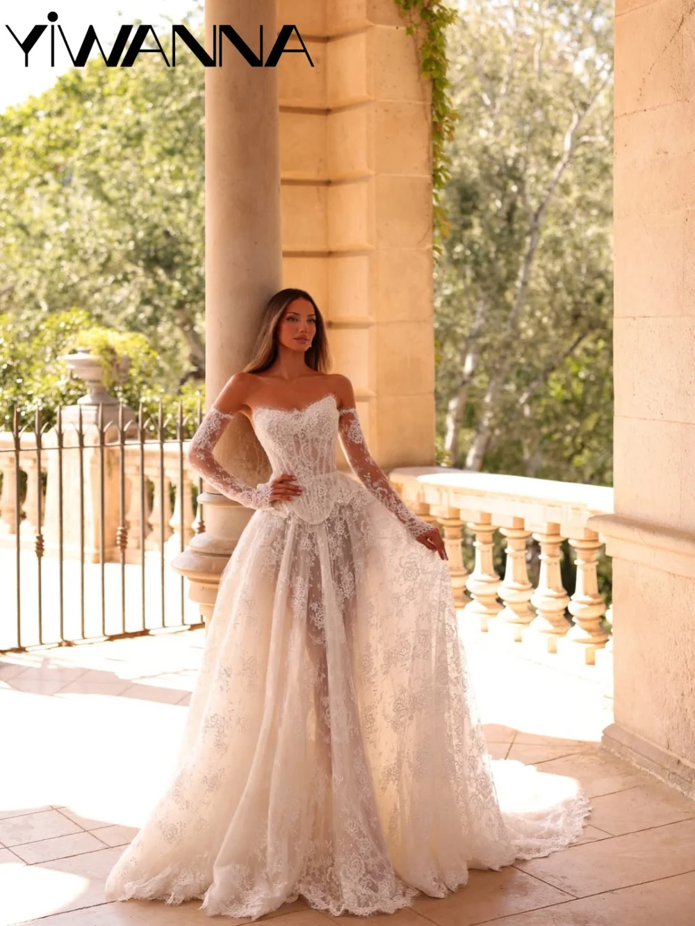 With Corset Delicate Lace Wedding Dress Detachable Sleeve A-line Long Bridal Gown Customized Elegant Strapless Dresses For Bride