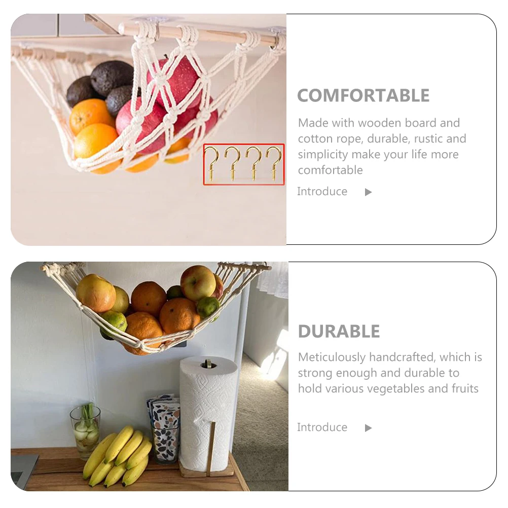 

Macrame Hanging Net Under Cabinet Fruit Vegetable Organizer Cotton Rope Basket Natural Wood Board Rustic Kitchen Decor Fruit
