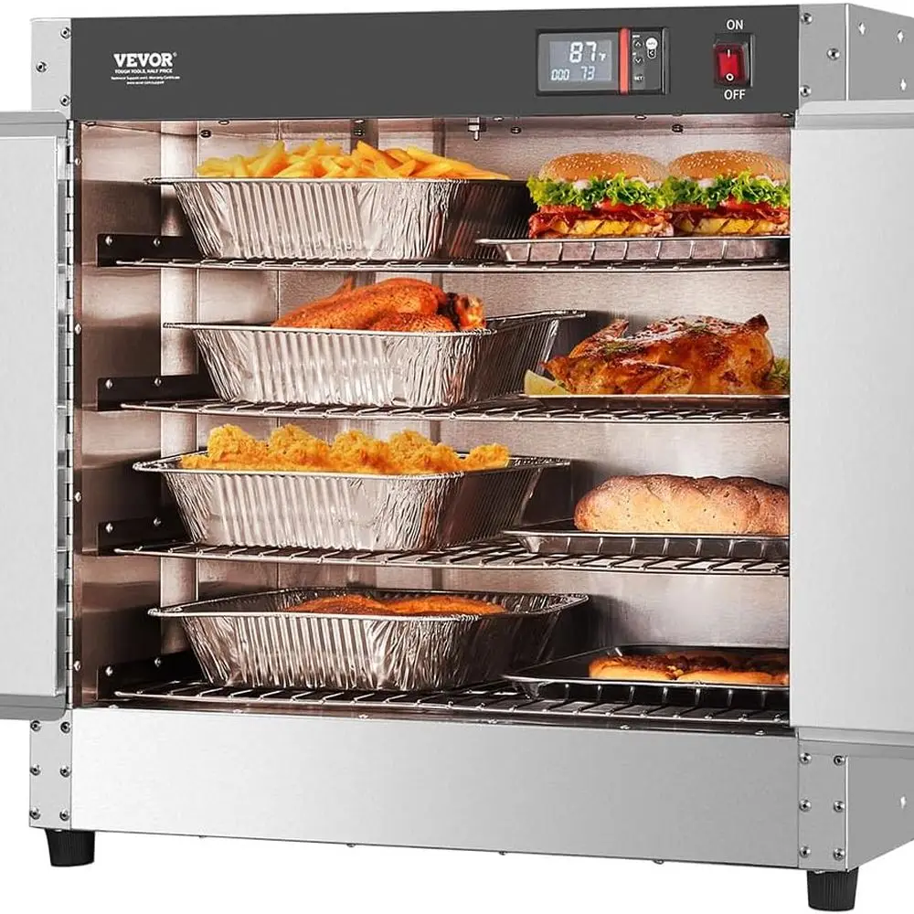 

4-Tier Concession Warmer with Water Tray, 4 Pans, Double-Door and Adjustable Shelves, Stainless Steel Food Warmer Cabinet, Ideal