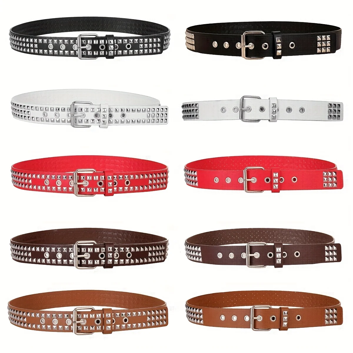 1Pc Men's Gothic PU Leather Belt with Rivet Buckle, Square Beads & Double Row Pyramid Studs, Punk Style Metal Waist Strap