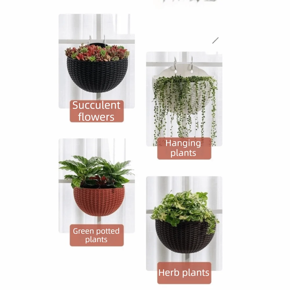Half Round Wall Hanging Basket Wear-resistant Decorative Over Fence Planter Plastic Rattan Weaving Hanging Flowerpot Flower Shop